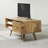 ONIJA Solid Wood Tv Unit for LED/LCD | Premium Designer TV Stand for Living Room| Tv Cabinet with 1 Drawer and 2 Shelves for Bedroom Natural Finish |